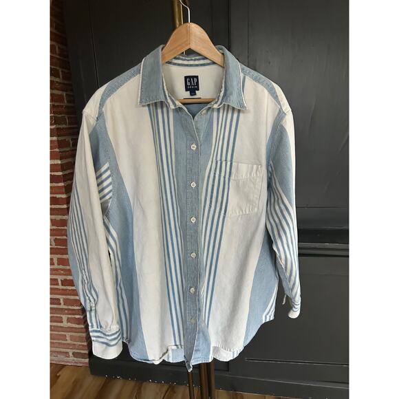GAP The Big Shirt Size L Blue White Mixed Stripe Madison Button Down VGC - Picture 1 of 4